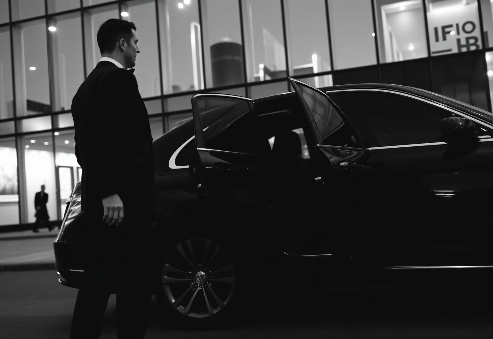 Chauffeur opening the rear door of a black executive sedan outside an office building
