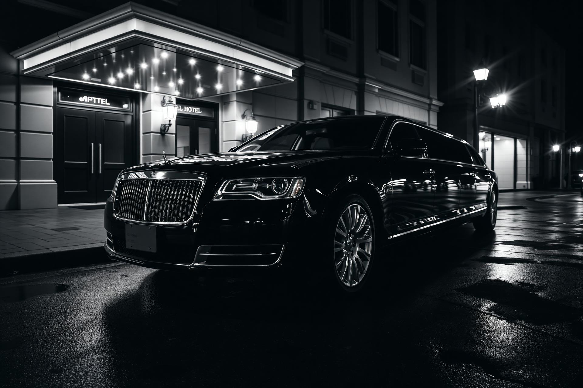 Black stretch limousine waiting at the kerb outside an Ottawa hotel at night
